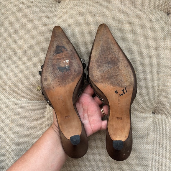 Manolo Blahnik 2000s Silver & Gold Coin Brown Leather Mule Heels - Picture 11 of 13